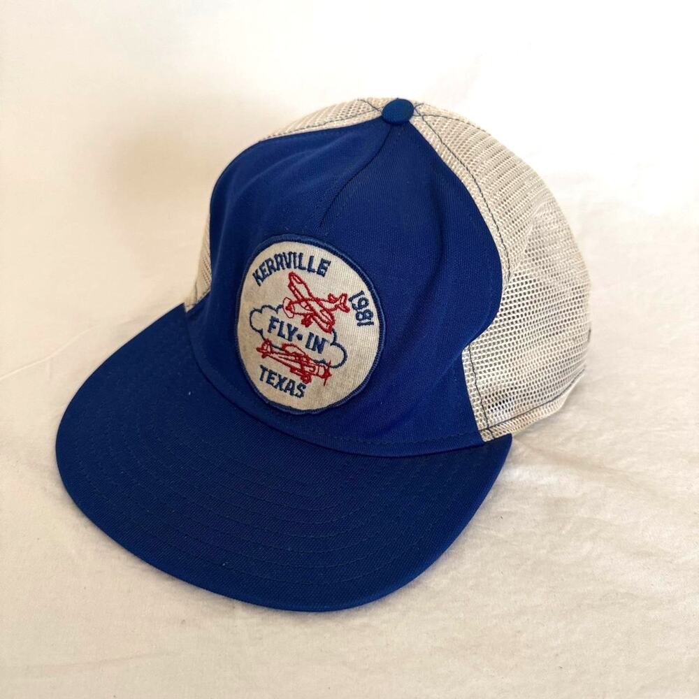 Vintage 1981 Blue White Trucker Hat Kerrville Texas Pacesetter Ind. Plane Fly-In